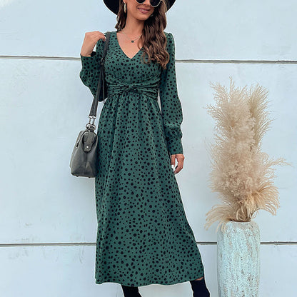 Women Wear Green Long Sleeve Leopard Print Maxi Dress