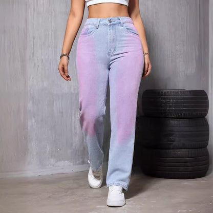 Women High Waist Dyed Straight Jeans Small Loose Slimming All Matching Casual Pants