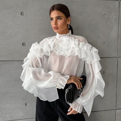 French Mesh Small Stand Collar Pullover Layered Ruffled Shirt Spring Women Organza