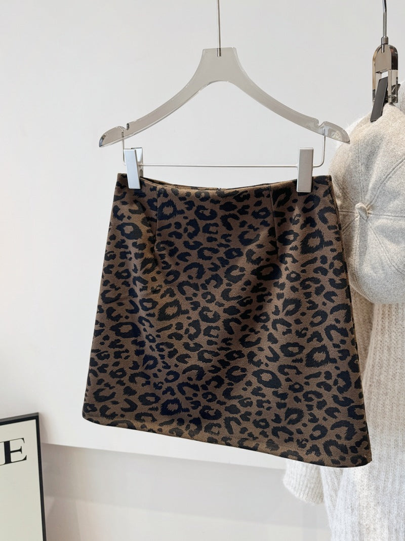 Vintage Leopard Print Skirt for Women Autumn Winter High Waist Slimming Sexy A line Anti Exposure Short Hip Skirt