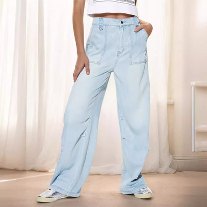 Pantalones vaqueros holgados de seda helada con diseño plisado y cintura semielástica de algodón Tencel para mujer