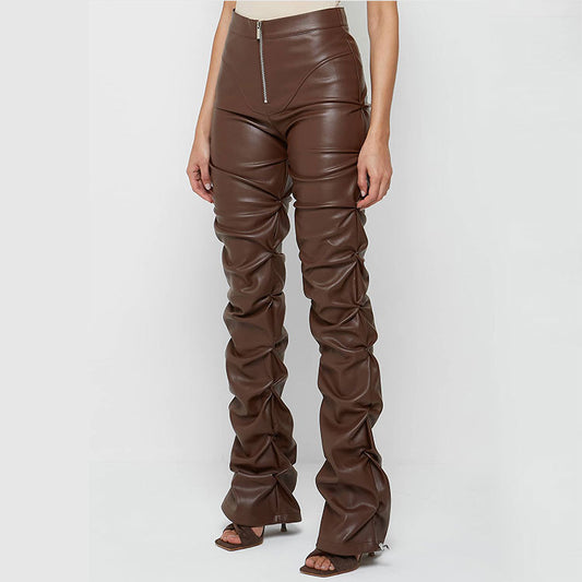 Women Clothing Tight Faux Leather Trousers Personalized Shrinkage Bootcut Trousers Women Four Seasons