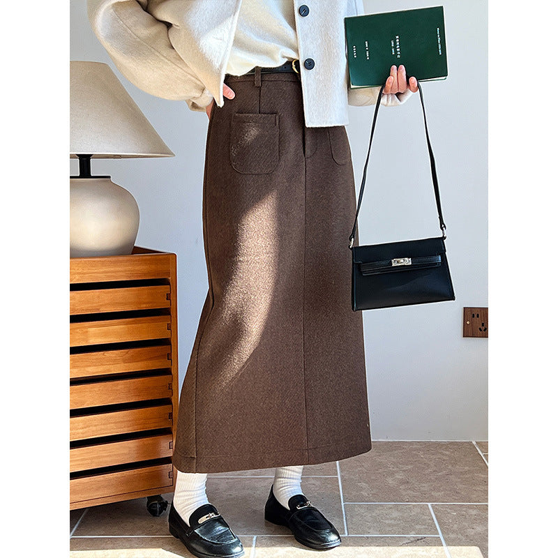 Woolen Skirt High Waist Design Pocket Autumn Winter Cover Hip Woolen Skirt