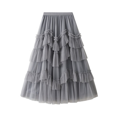 Tiered Dress Spring Mesh Long Skirt Design Skirt Easy Matching Mesh Stitching Pettiskirt