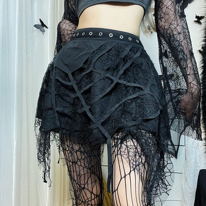 Falda de mujer Otoño Gótico Punk Araña Web Borla Mini Falda Hallowen Falda gótica