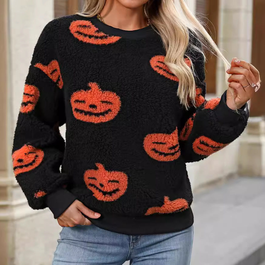 Suéter holgado de felpa con estampado de Halloween para mujer, otoño e invierno