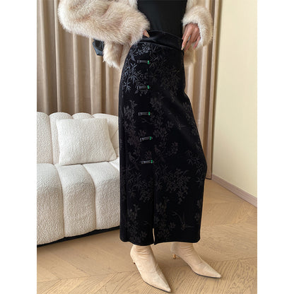 Cheongsam Frog Button National Bamboo Jacquard Thickened Side Slit Velvet Skirt