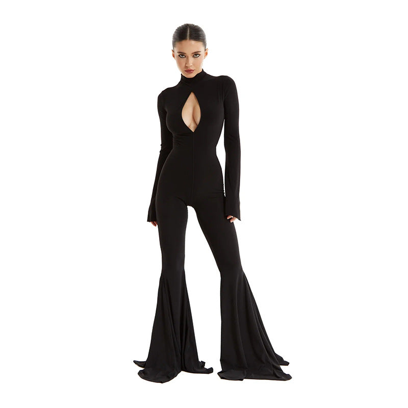 Women Wear Sexy Slim Fit Hollow Out Cutout out Long Sleeve Jumpsuit Hip Mop Flared Pants Jumpsuit