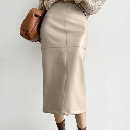 Autumn Winter Retro Classic Khaki Fleece lined Matte Slimming Faux Leather High Waist Casual Slit Skirt for Women