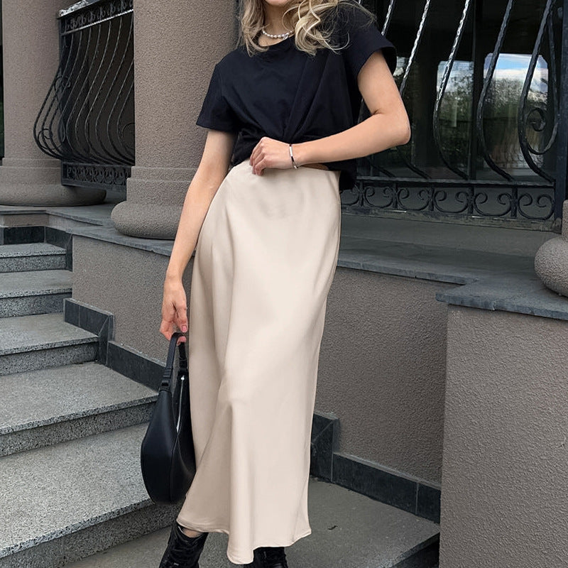 Autumn Imitation Acetate Satin A Swing High Waist Skirt Women Commuting Wear Long Skirt