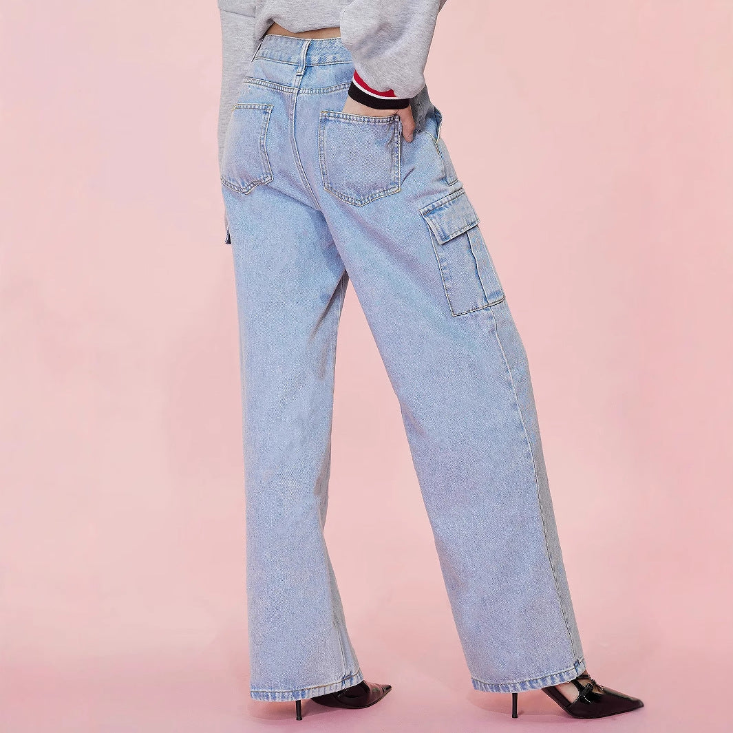 Women Clothing Straight Loose Wide Leg High Waist Tooling Large Pocket Denim Trousers