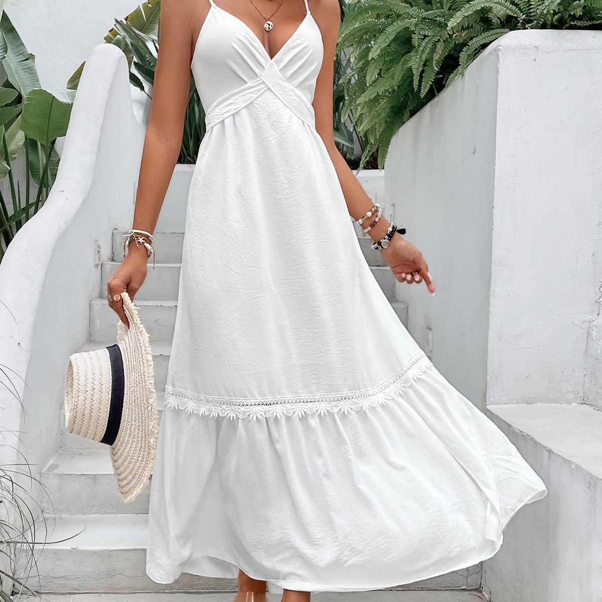 Women White Vacation Dress Loose Slimming Sling Backless Sexy Dress