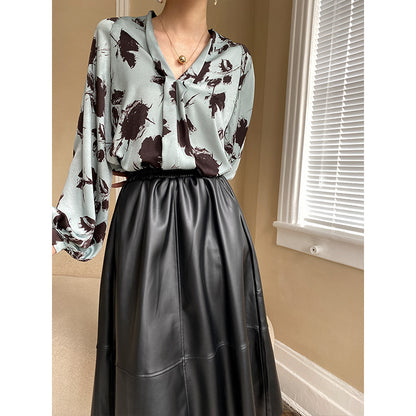 Chinese Ink Lantern Sleeve V neck Satin Shirt Draping Effect Early Autumn