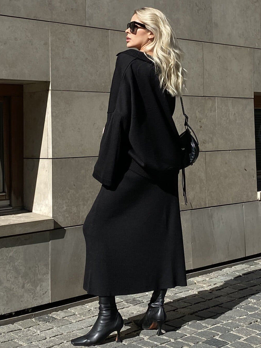 Autumn Winter Minimalist V Neck Solid Color Loose Sweater Suit Women