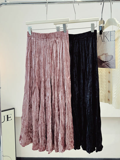 Autumn Winter Korean Pleated Velvet Elastic Waist Skirt Slimming Large Hem Casual A line