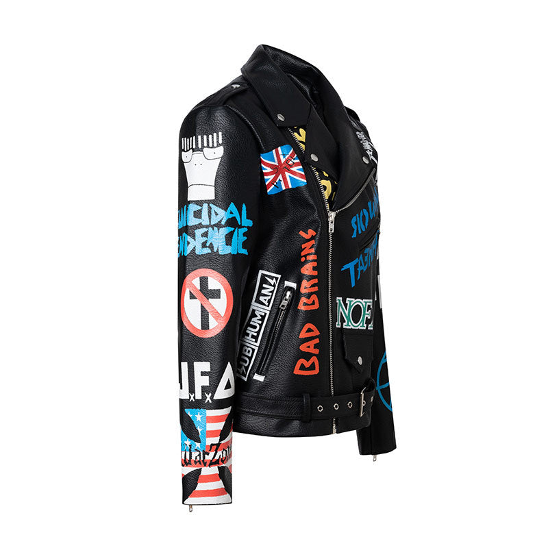 Abrigo de cuero de motocicleta con estampado de grafiti, chaqueta de cuero de Color de contraste de industria pesada Punk