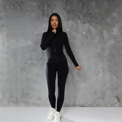 Autumn Long Sleeve Cardigan Top Skinny Hip Raise Sports Trousers Casual Set