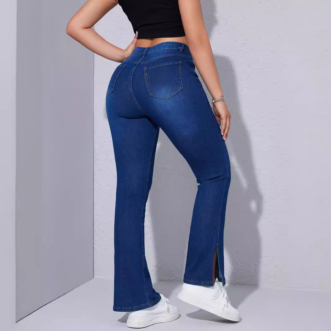 Jean slim taille haute extensible avec fente pour les pieds pour femme