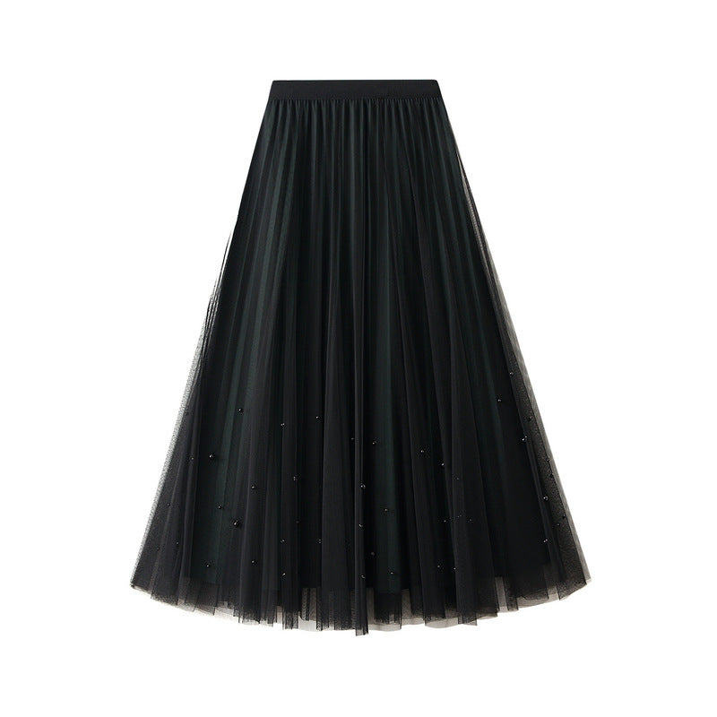 Beaded Mesh Skirt Autumn Women High Waist Slimming Two Sided Pleated Skirt Grazy Dress With Big Hemline