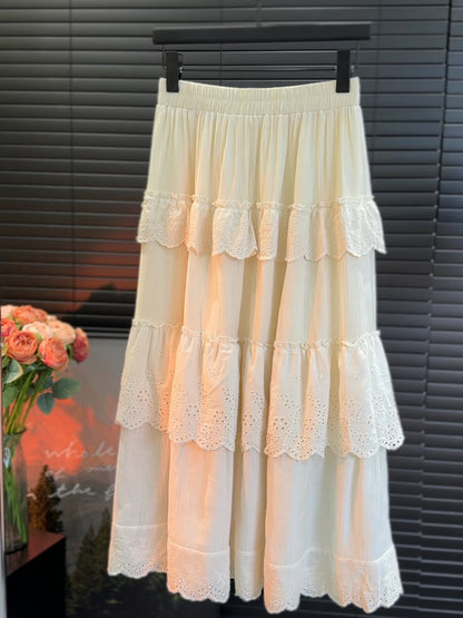 Crochet Ruffled Tiered Dress Spring Summer Korean Pleated Elegant Graceful Long Skirt