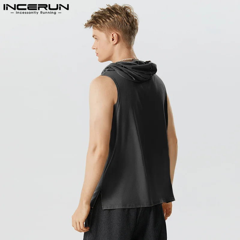 INCERUN – débardeur à capuche pour hommes, couleur unie, sans manches, décontracté, à la mode, vêtements amples, été 2023, S-5XL