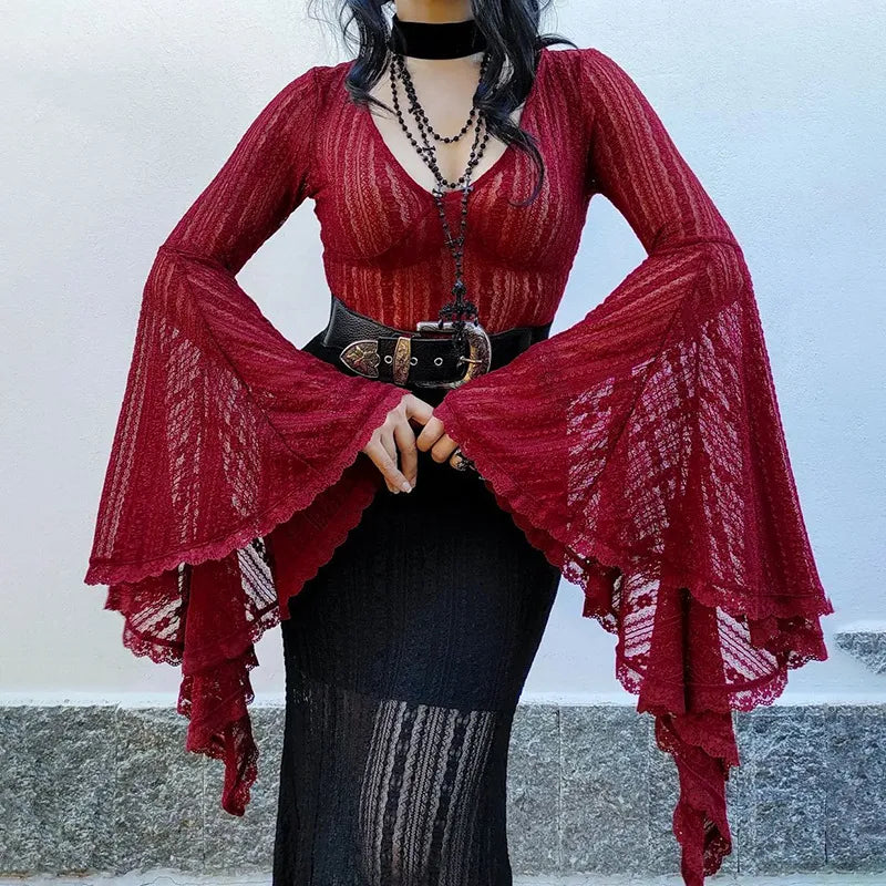 Body gótico de encaje oscuro transparente para centro comercial, bodys estéticos góticos con manga acampanada, Tops sexys Grunge para mujer, body Punk ceñido al cuerpo con cuello en V Alt