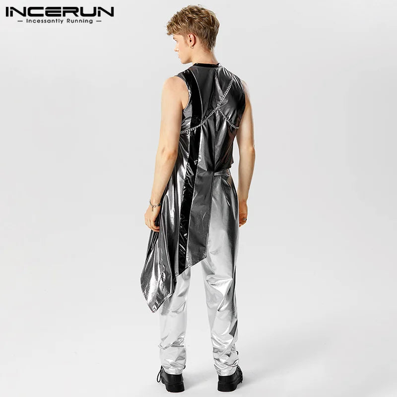 2023 Men Tank Tops Patchwork Sparkling O-neck Sleeveless Irregular Vests Party Streetwear Fashion Men Clothing INCERUN S-3XL