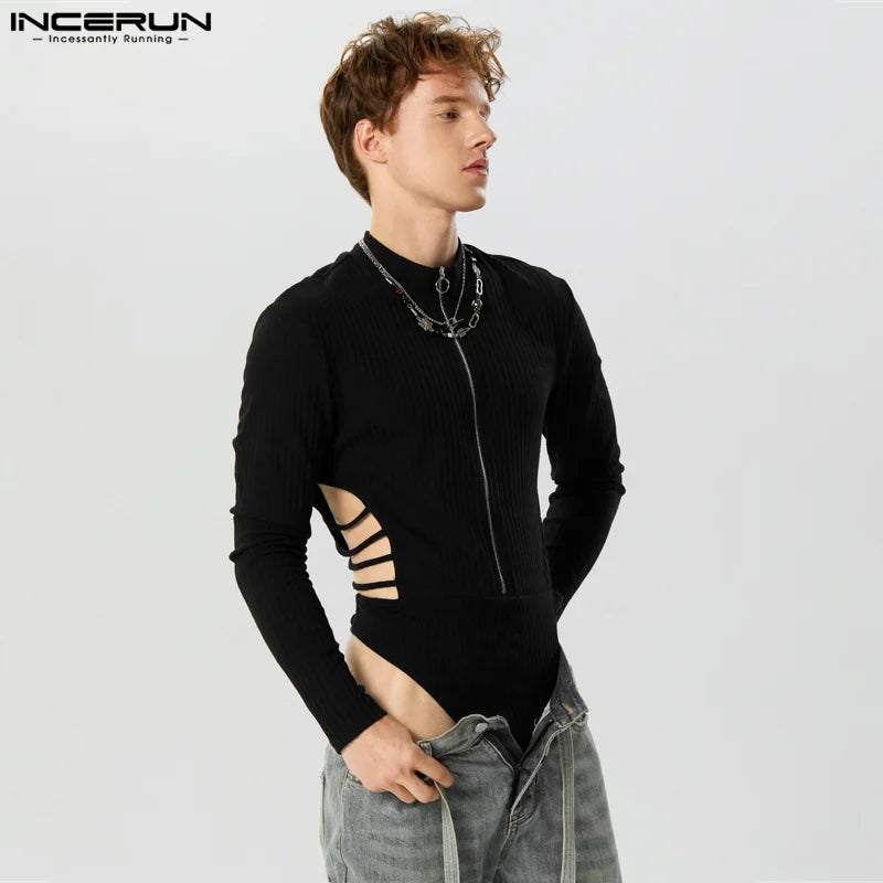 INCERUN 7 – body pour hommes, couleur unie, ajouré, col rond, manches longues, Streetwear, barboteuse, fermeture éclair, Fitness, mode, 2023, S-3XL