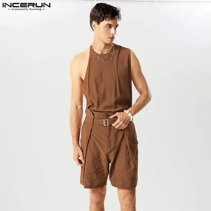 2023 Men Sets Solid Color Loose Streetwear O-neck Sleeveless Irregular Tank Tops & Shorts 2PCS Men's Casual Suits S-5XL INCERUN