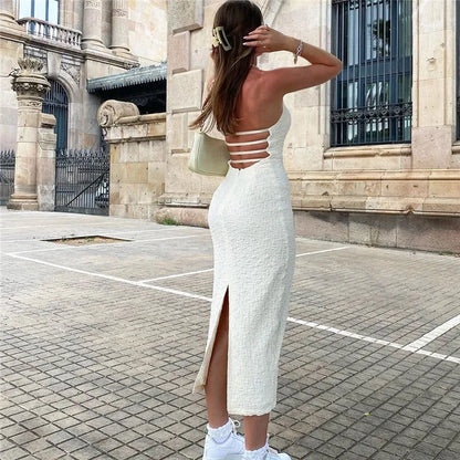 Xeemilo Elegant Strapless Halter Dress Women Sexy Low-cut Backless Texture Dresses 2022 Summer Slim Bandage High Streetwear Robe