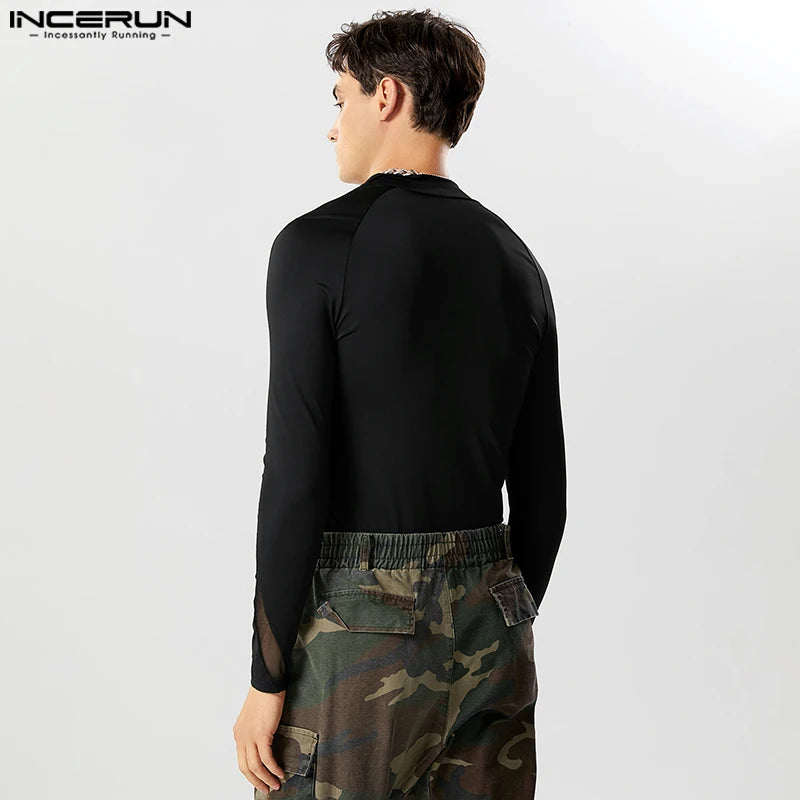 Body en maille Patchwork pour hommes, col en V, Streetwear, manches longues, fermeture éclair, t-shirt Transparent à la mode, INCERUN, 2023