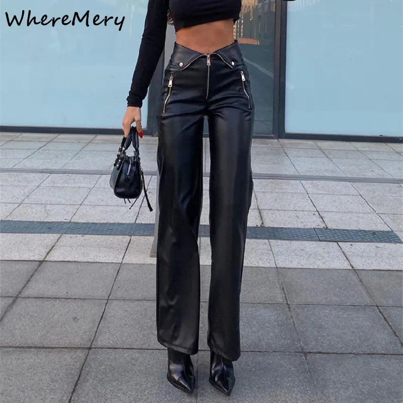 WhereMery Y2K-pantalones de cuero de moda para mujer, pantalón Sexy de cintura alta con cremallera, rectos, ajustados, ropa de calle, pantalones negros de invierno, 2022