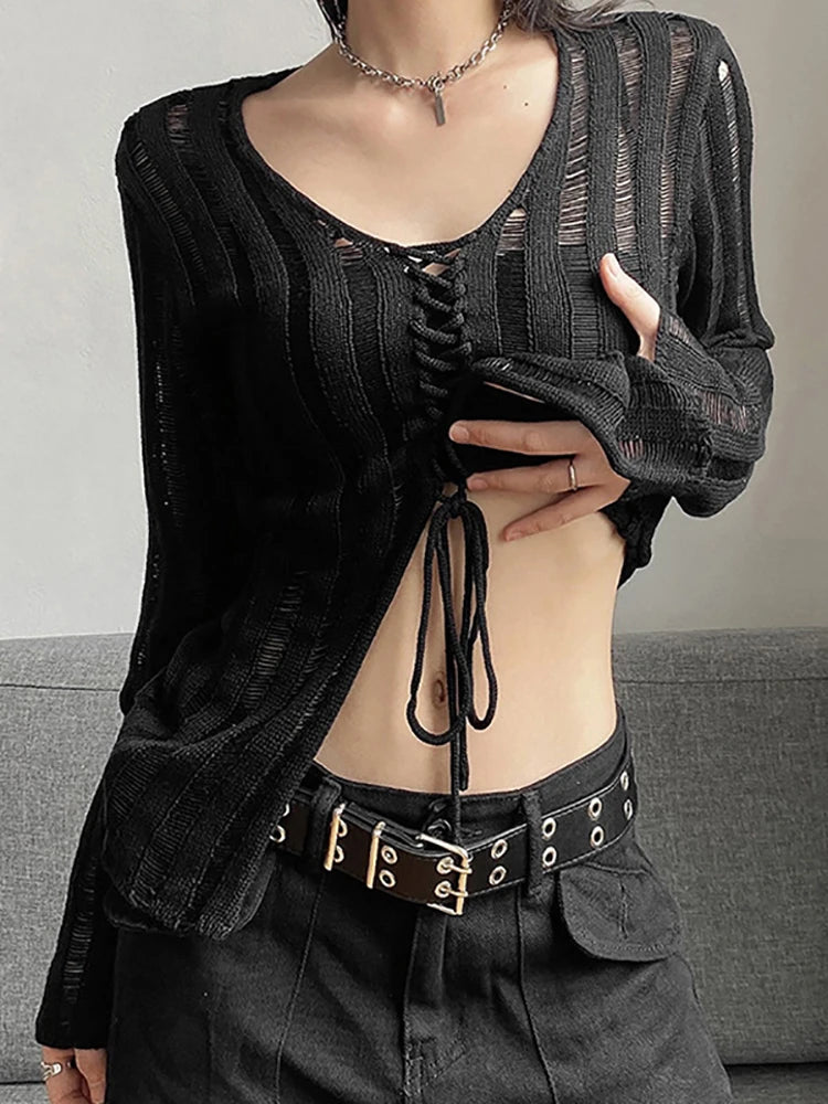 Goth Dark Mall gótico transparente vendaje blusa Grunge negro Casual Sexy camiseta de punto Y2k ropa de calle de manga larga Tops de mujer