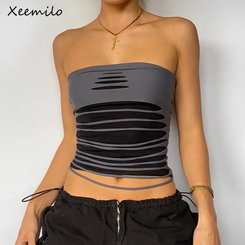 Xeemilo-Camiseta sin mangas de malla para mujer, Top Sexy sin mangas con agujeros, estética Y2K de los años 90, corsé de tubo transparente sin tirantes, camisola ajustada elástica