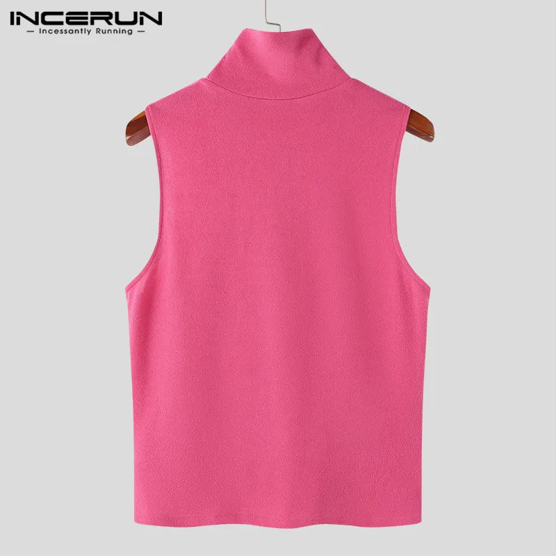 2023 Men Tank Tops Solid Color Turtleneck Sleeveless Summer Streetwear Vests Men Fitness Stylish Sexy Casual Crop Tops INCERUN 7