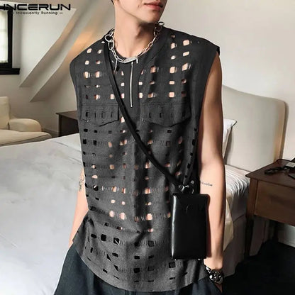 2023 Men Tank Tops Hollow Out Zipper O-neck Sleeveless Streetwear Sexy Casual Vests Korean Fashion Men Clothing S-5XL INCERUN