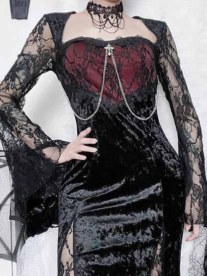 Goth Dark élégant centre commercial gothique femmes robes de soirée Grunge esthétique e-girl velours robe mi-longue dentelle épissure Sexy fendu Alt tenues