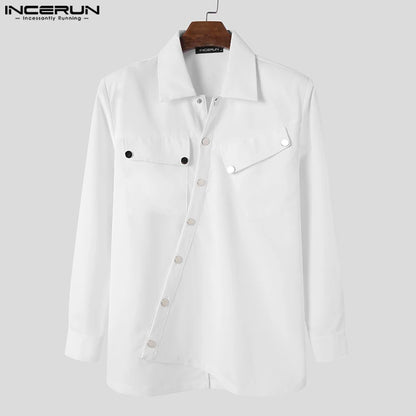 INCERUN 2023, camisa Irregular para hombre, solapa de Color sólido, manga larga con botones, ropa de calle coreana, ropa informal para hombre, camisas de moda S-5XL