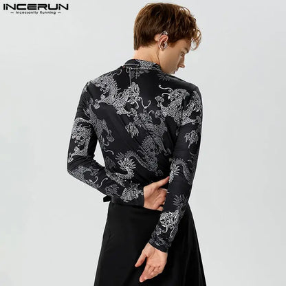 2023 Men T Shirts Vintage Printing Turtleneck Long Sleeve Casual Camisetas Fitness Autumn Streetwear Undershirt S-5XL INCERUN