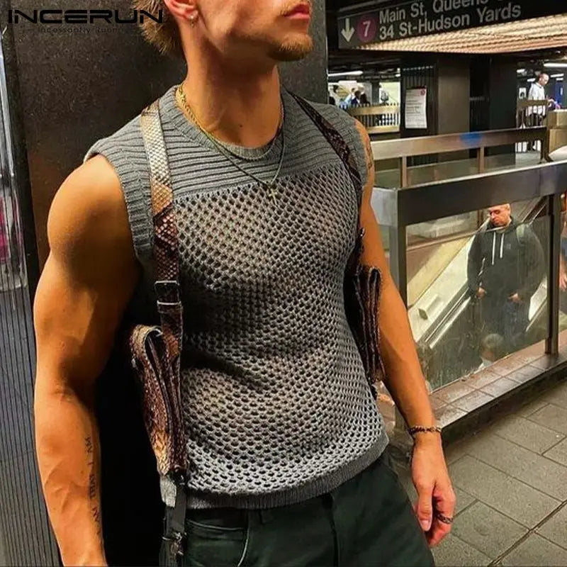 2023 Men Tank Tops Mesh Patchwork Transparent Breathable O-neck Sleeveless Sexy Men Clothing Summer Fashion Vests S-5XL INCERUN