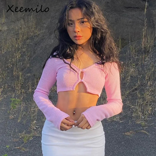 Xeemilo Y2K-Top corto de punto acanalado para mujer, cárdigan de manga larga francés suave, camiseta Sexy de cintura alta, Tops ajustados con ombligo descubierto