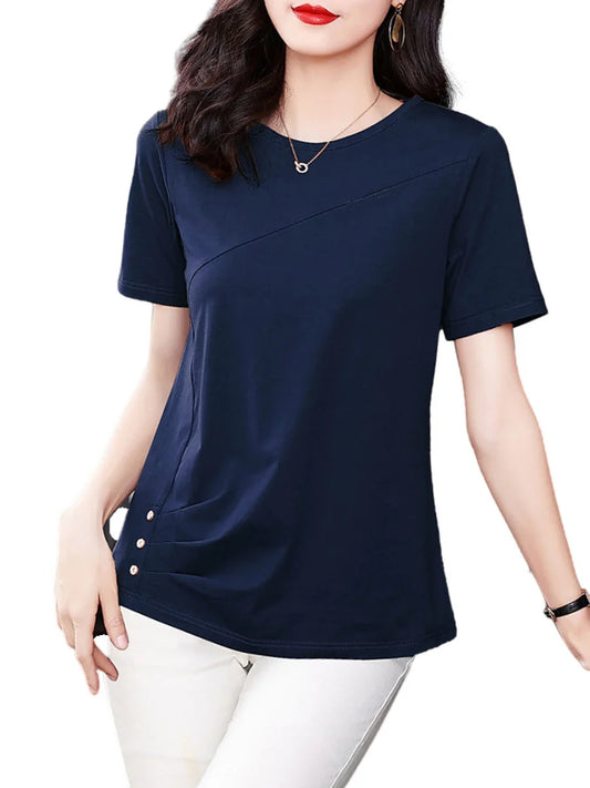 5XL Women Summer Spring cotton Blouses Shirts Lady Fashion Casual Short Sleeve O-Neck Solid Color T-shirt Blusas Tops MM2069