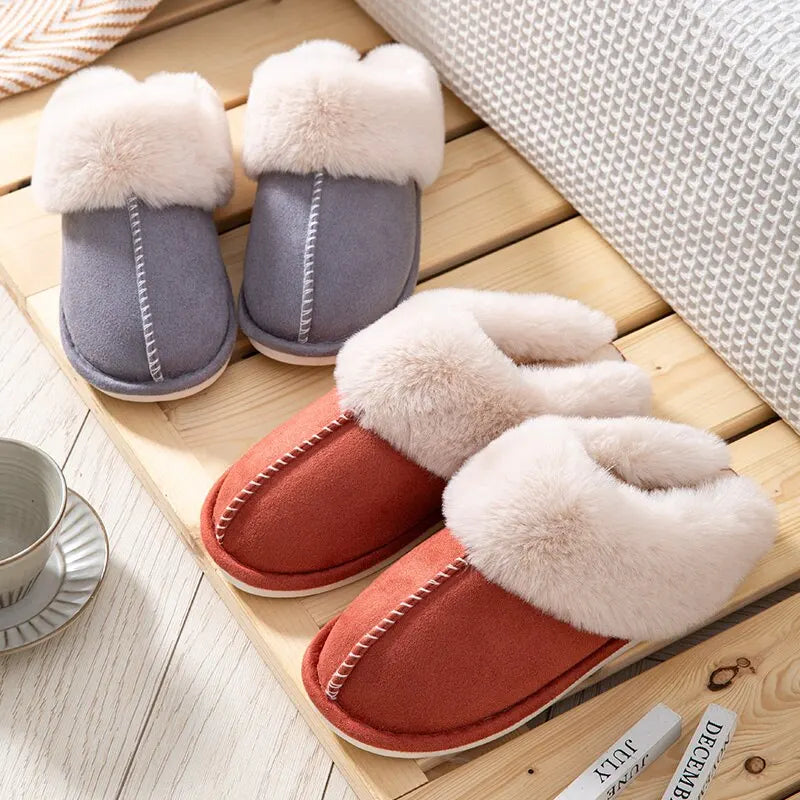 Feslishoet femmes en peluche chaude maison pantoufles plates doux confortable hiver coton chaussures intérieur en peluche pantoufles