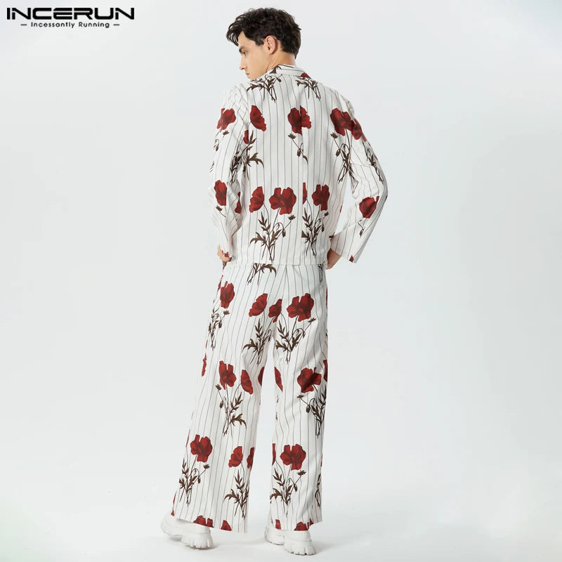 Conjuntos para hombre a la moda, ropa de calle, solapa con estampado de flores, chaqueta y pantalones de manga larga, 2 uds., trajes informales holgados, S-5XL INCERUN, 2023