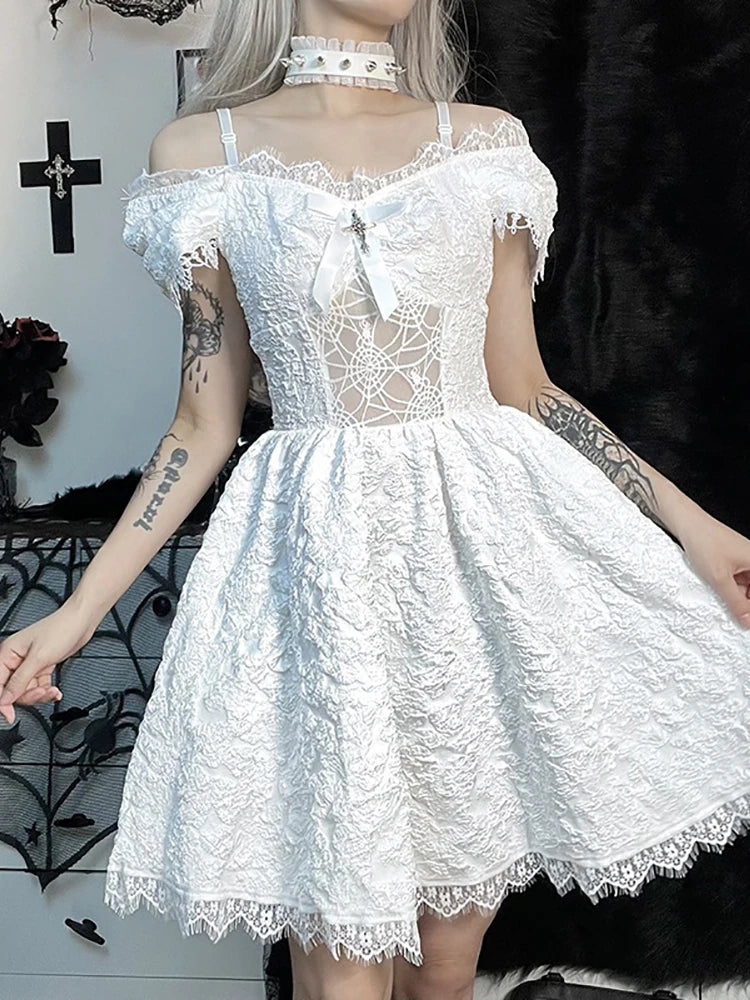 Vestido gótico oscuro de malla gótica transparente para mujer, vestidos sexys de corte a, ropa de fiesta con Bajo de encaje Jacquard Grunge Harajuku, vestido bonito de Lolita para mujer