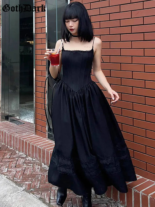 Vestidos largos góticos oscuros y elegantes para mujer, vestidos largos ajustados góticos de centro comercial, estilo Grunge con cordones, vestido negro Alt Sexy con tirantes para fiesta