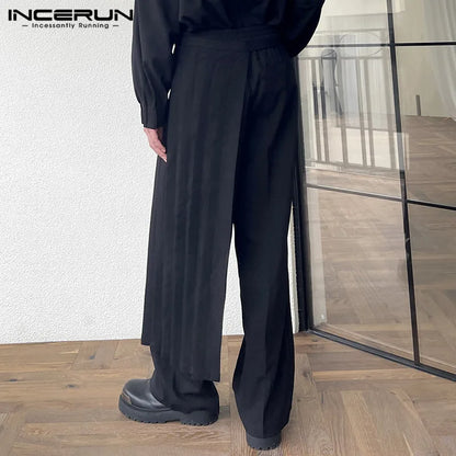 INCERUN-pantalones irregulares para hombre, ropa de calle de Color sólido, holgado y plisado, rectos, informales, largos, S-5XL, 2023