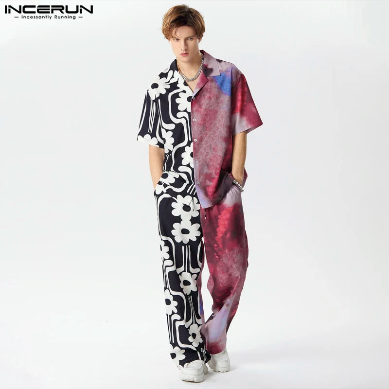 2024 Men Sets Printing Patchwork Loose Lapel Short Sleeve Shirt & Pants Two Pieces Sets Streetwear Fashion Men's Suits INCERUN