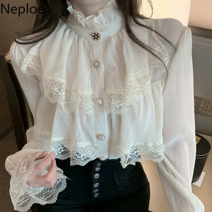 Mode coréenne chemisier blanc femmes Blusas col montant en mousseline de soie chemises à manches longues volants dentelle Blouses Vintage élégant Femme hauts