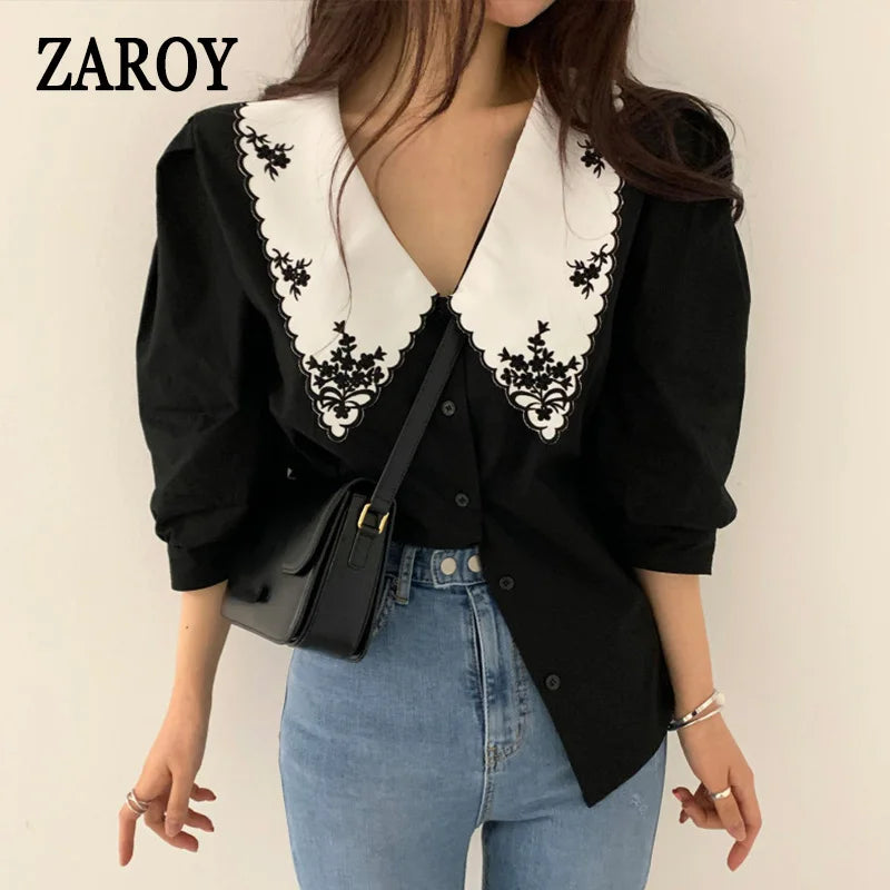 ZAROY camisas قمصان وبلوزات Élégant Broderie Dentelle Femmes Chemisier Fleur Demi Manches Chemise Blanche Printemps Automne Femmes Top